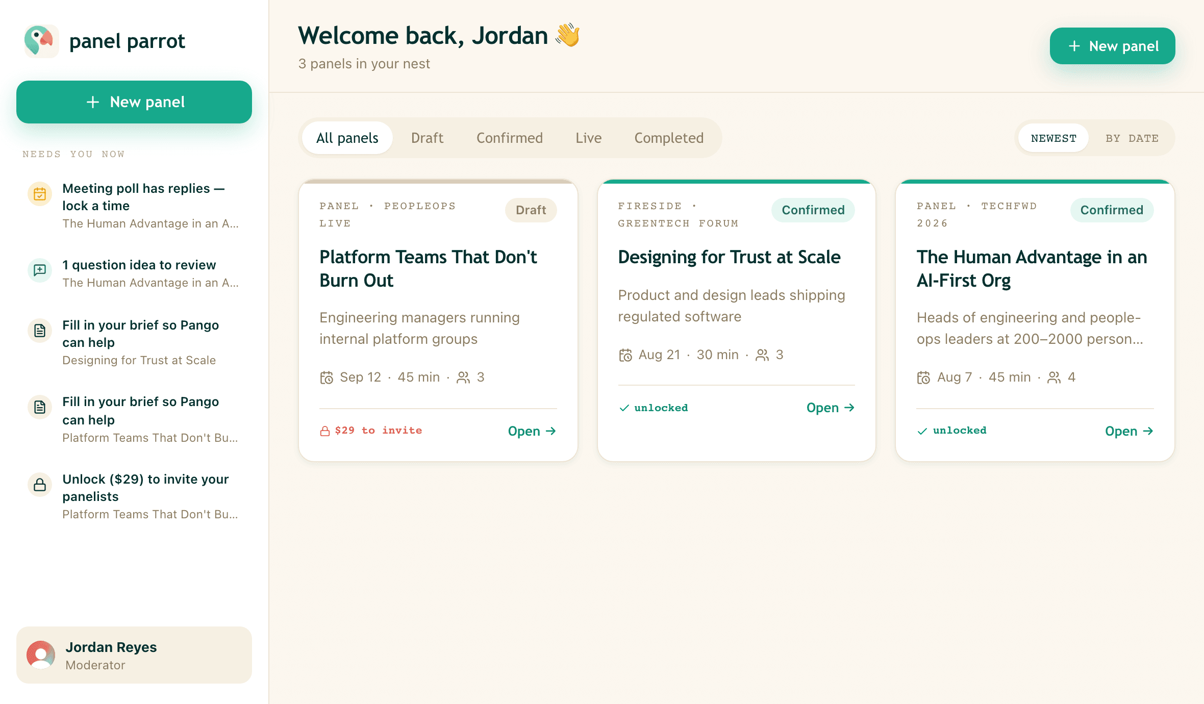 Panel Parrot dashboard — your flock of panels, each with prep progress