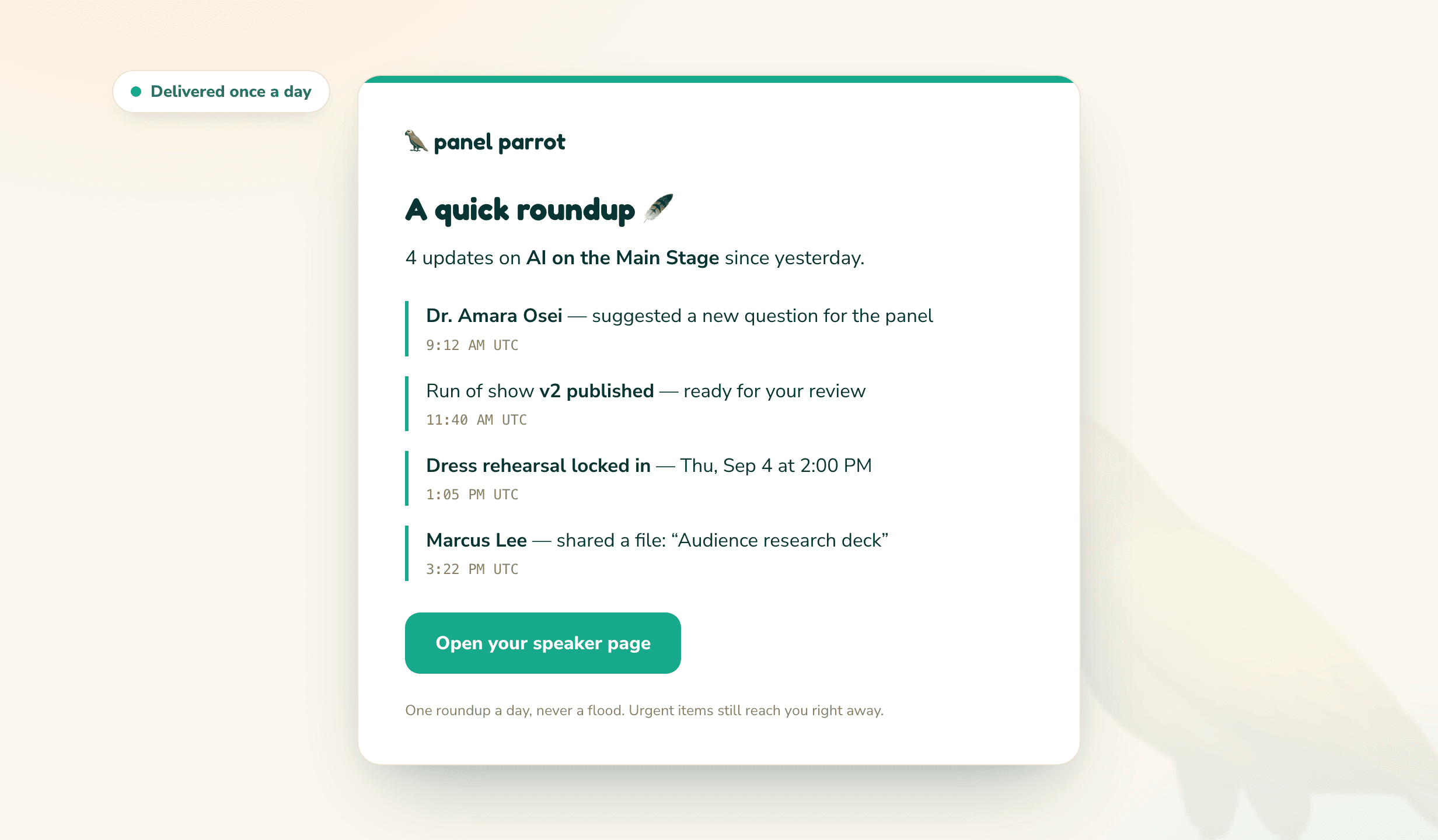 A sample daily roundup email a panelist receives — new questions, a locked meeting, and a run of show ready to review