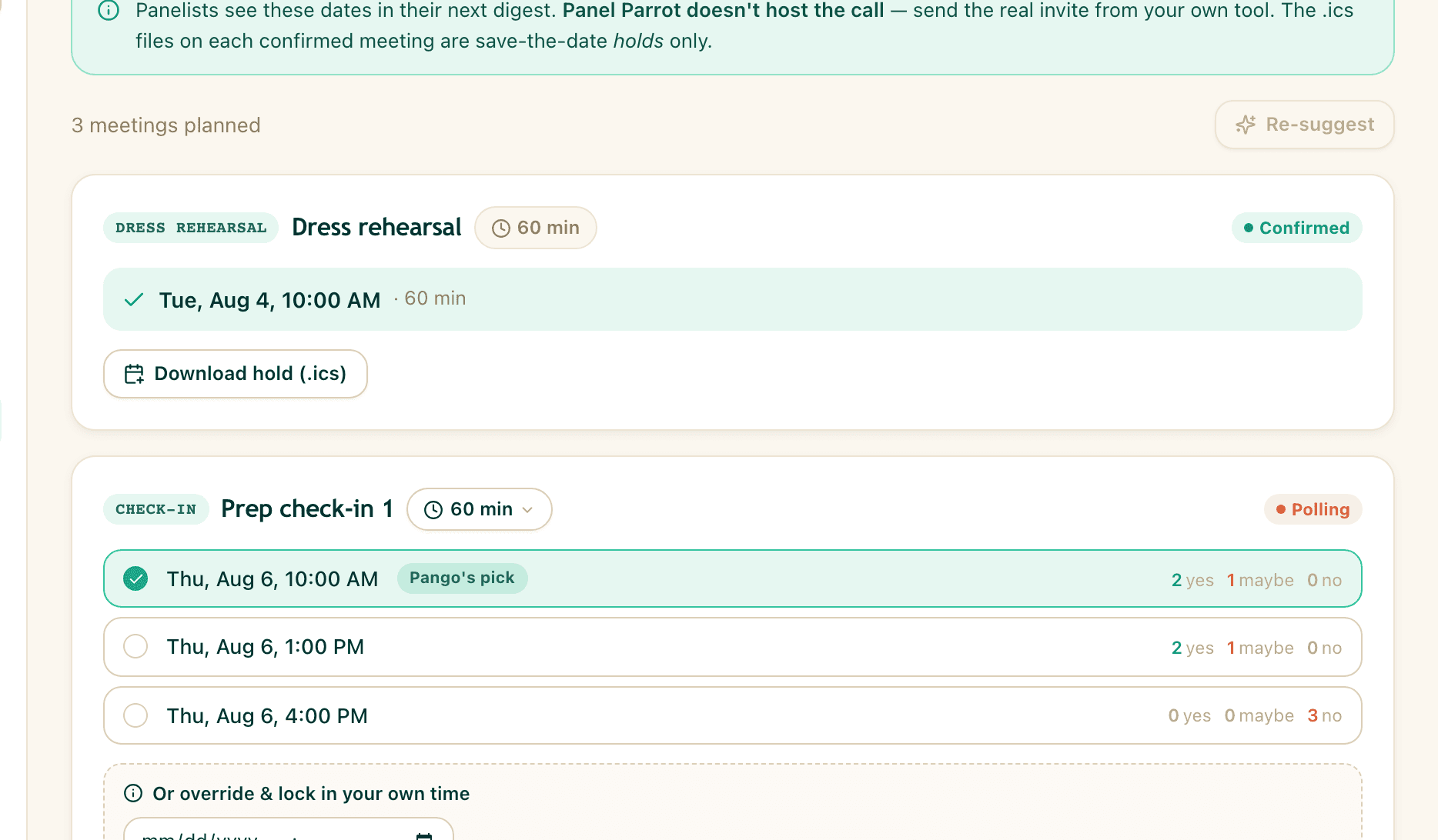 Prep meeting poll with panelist availability and a confirmed dress rehearsal