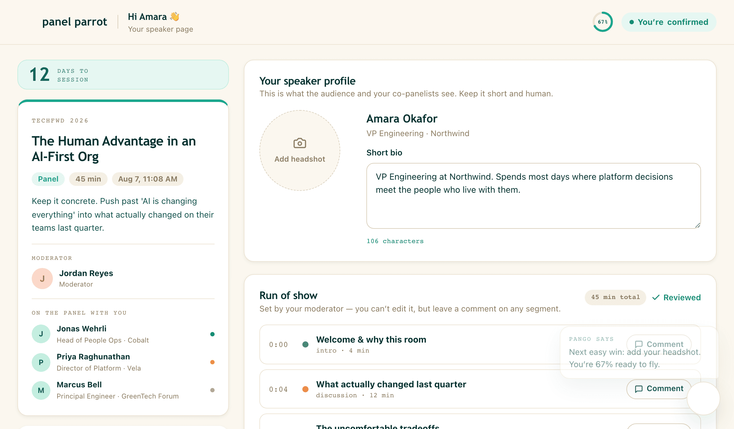A panelist's speaker page with prep progress, bio, and the run of show