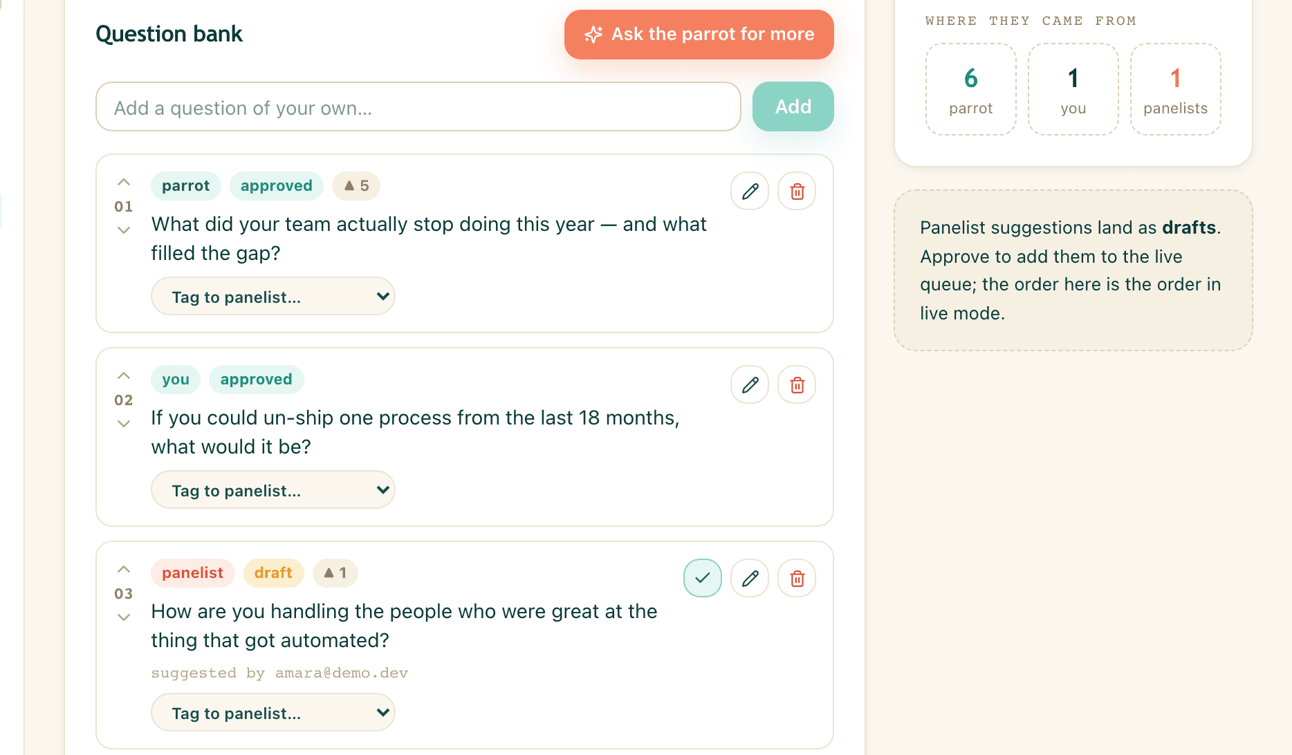 Question bank with parrot-drafted, approved questions
