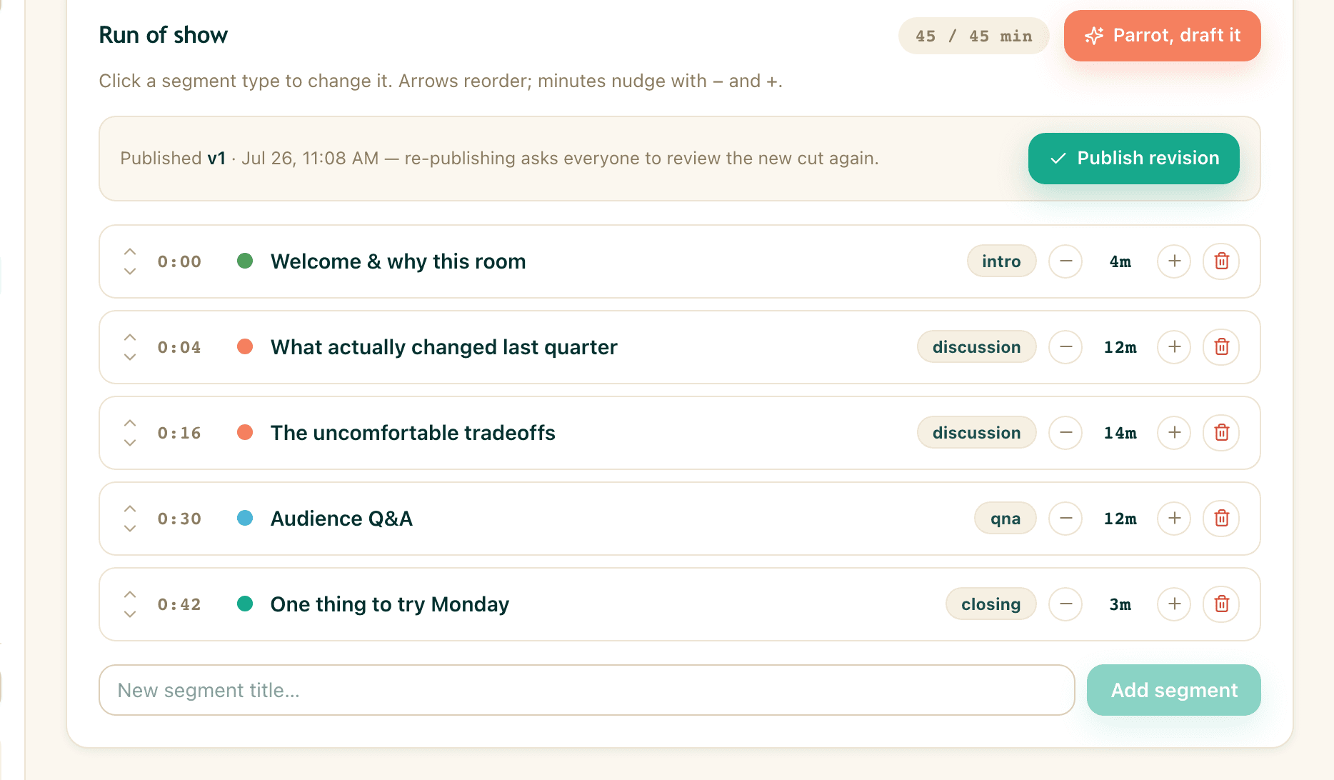 Run of show timeline with timed segments
